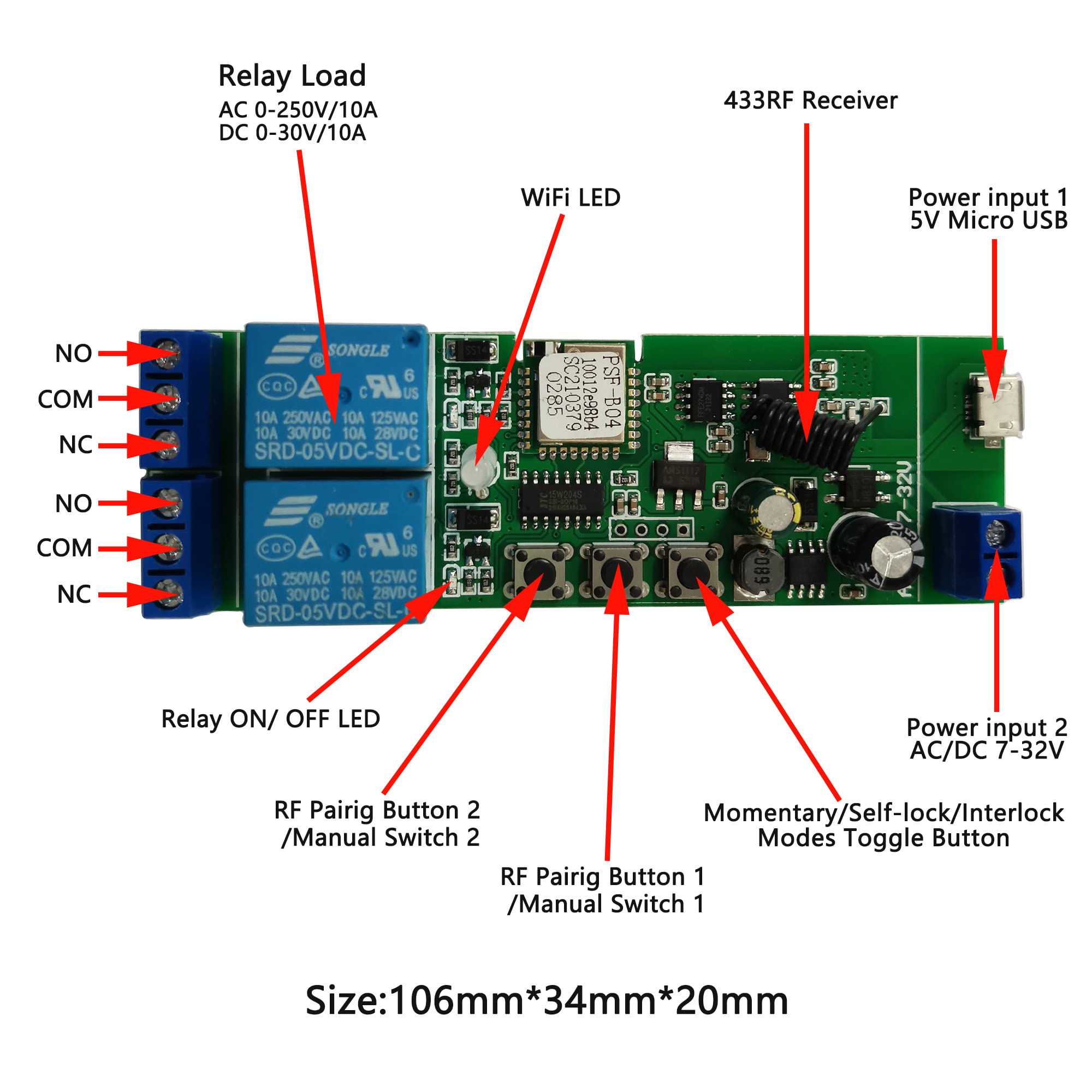 Jane Eyre WiFi Wireless Relay Module 2 Channel Remote Switch Momentan/Self-Locking Relay for Ewelink App with 433MHz RF Remote Control Compatible with Alexa and Google Assistant - Image 3