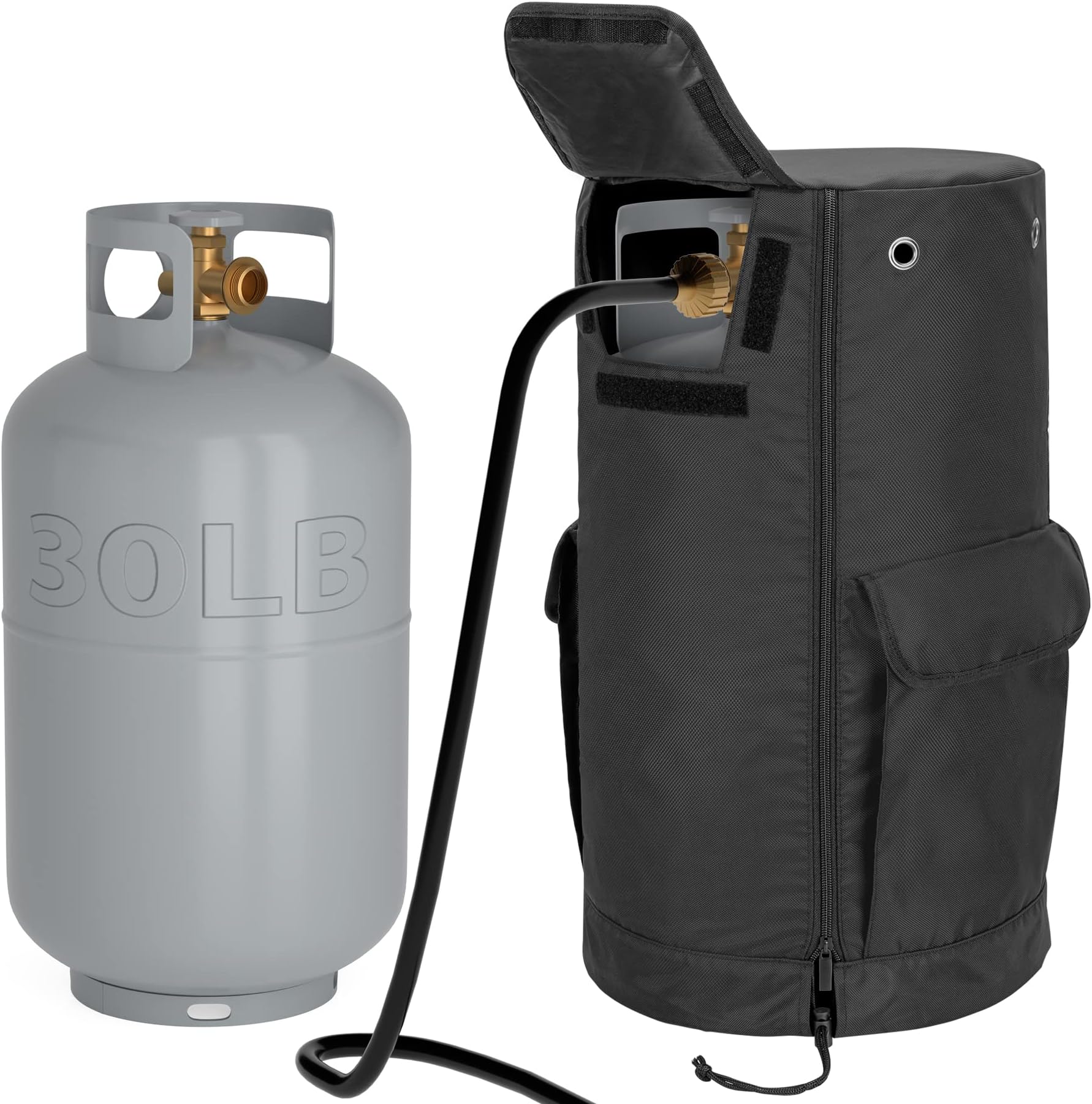 SAMDEW 30 lb Propane Tank Cover with Side Flip Flap & Stable Tabletop Feature, Outdoor Propane Tank Cover for 30 lb Propane Gas Cylinder, with 2 Storage Pockets, Water & Wear-Resistant, Bag Only