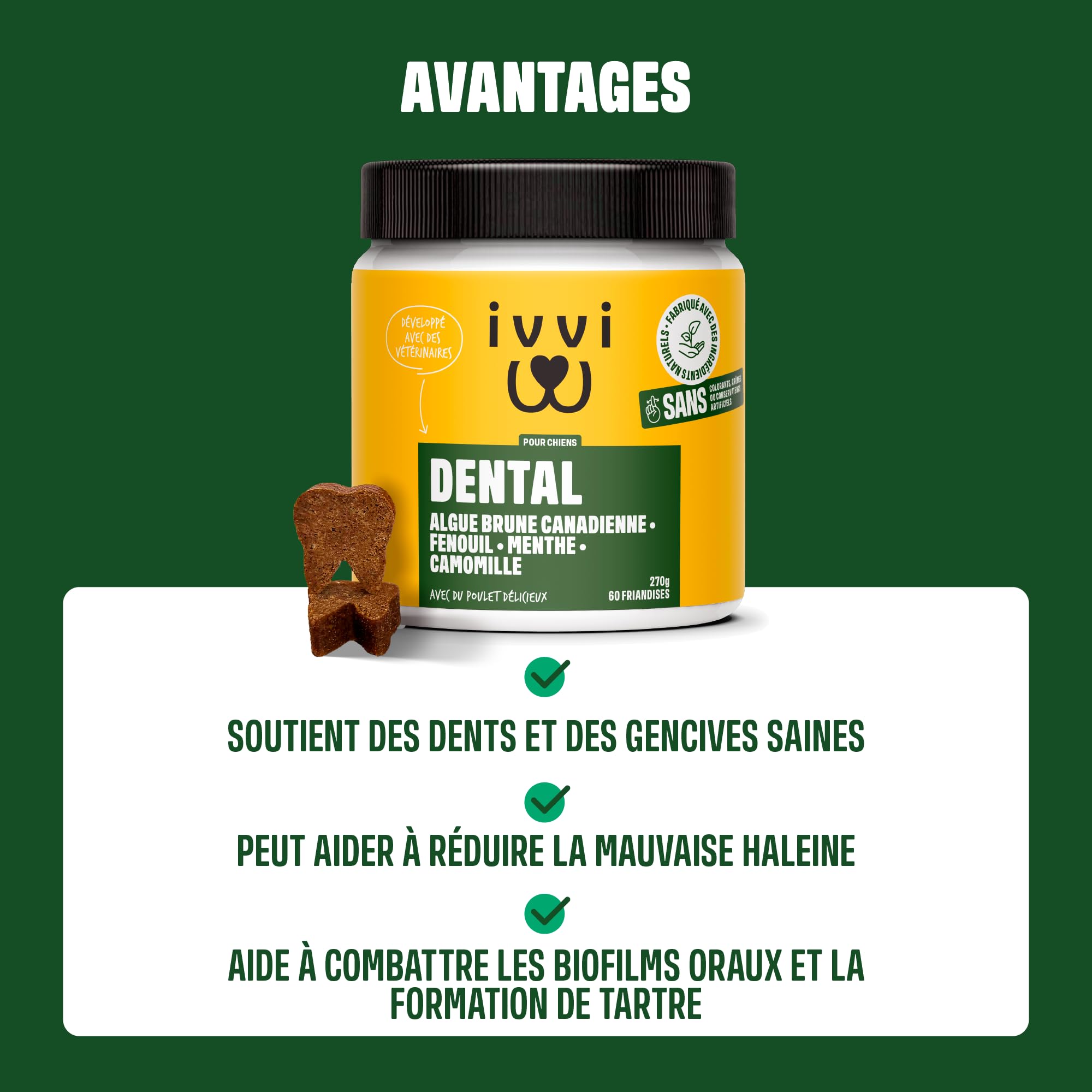 ivvi Snacks d'Hygiène Dentaire pour Chiens, 60 Snacks avec Poulet | Avec Menthe, Persil, Fenouil, Camomille, Huile de Coco, Algues Brunes, Favorise Dents Saines, Haleine Fraîche, Anti Tartre