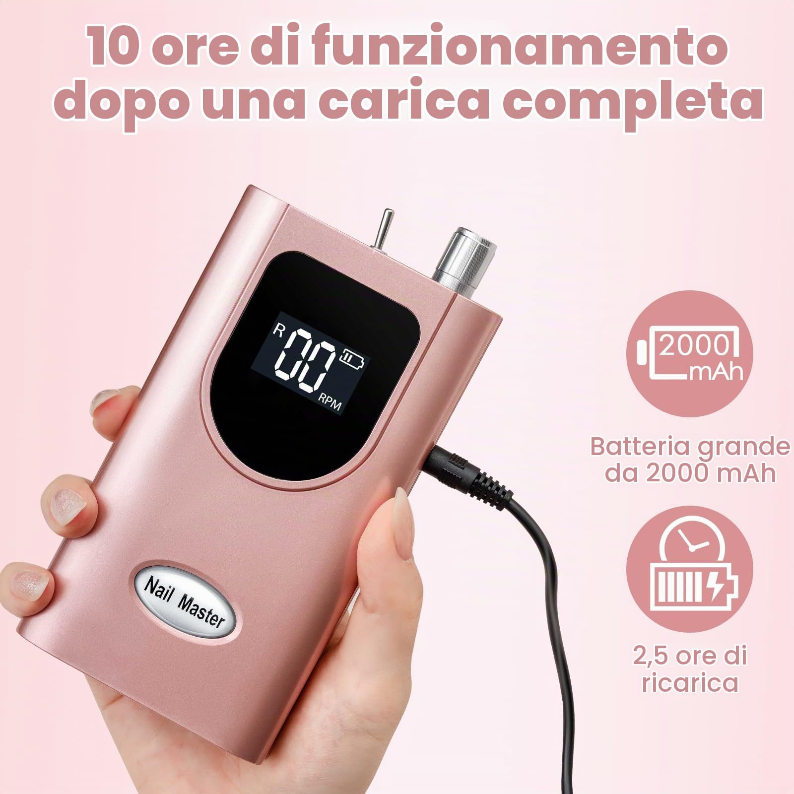 Delanie Fresa per Unghie Professionale, Portatile e Ricaricabile 35000 Giri a Display LCD per Manicure e Pedicure, Trapano Elettrico per Unghie Gel/Smalto Velocità Regolabile Rosa