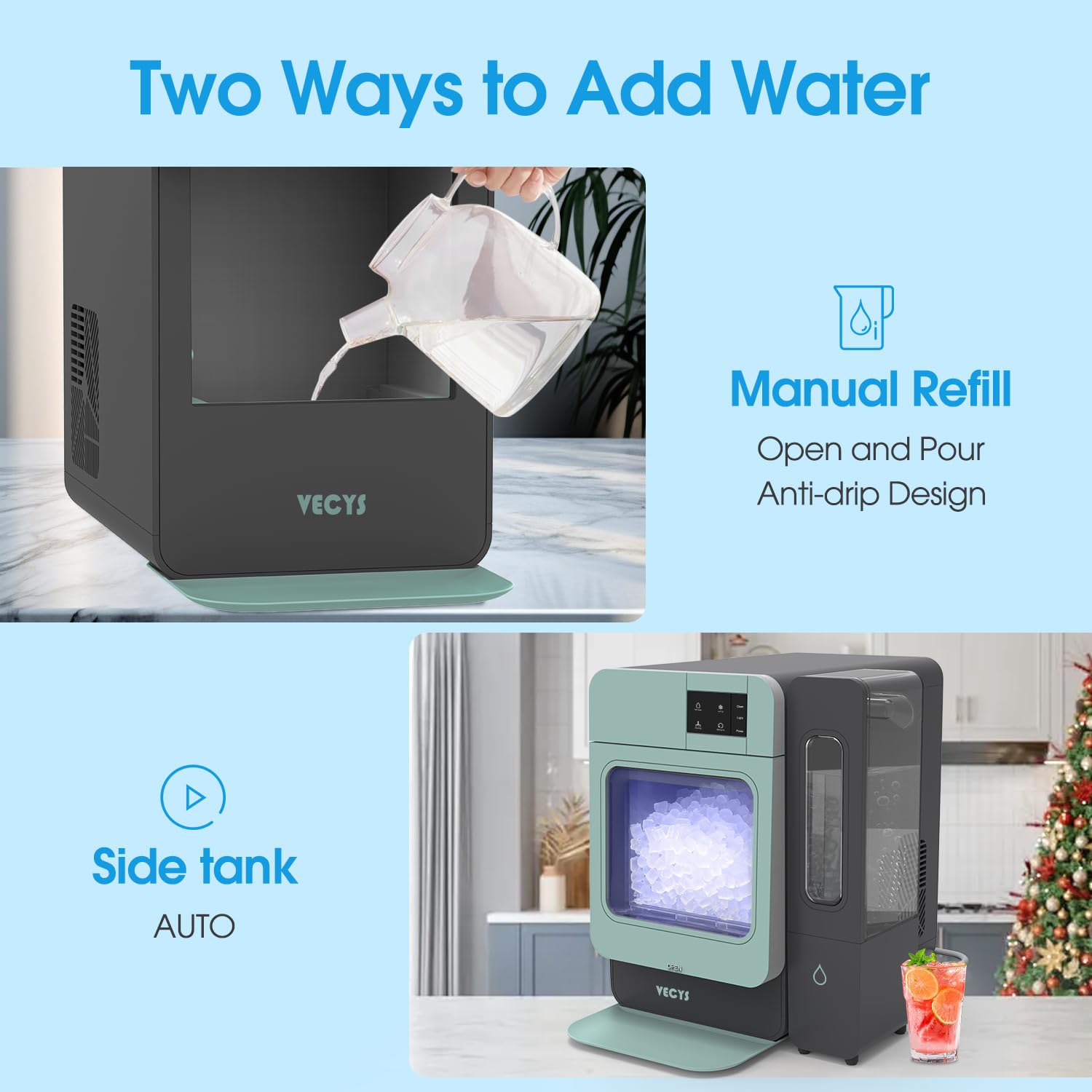 VECYS Nugget Countertop Ice Maker W/Side Tank, 44LBS Daily Ice Making Capacity, Portable Design Nugget Ice Maker Machine with Self-Clean Function, Green