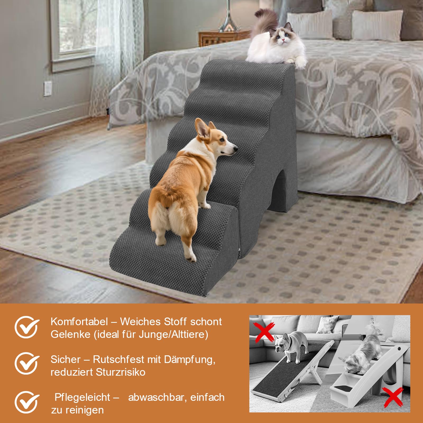 Escalera para perros de 60 cm de altura para cama, 6 peldaños para cama con somier | Escalera antideslizante para mascotas de color gris oscuro para perros pequeños o lesionados