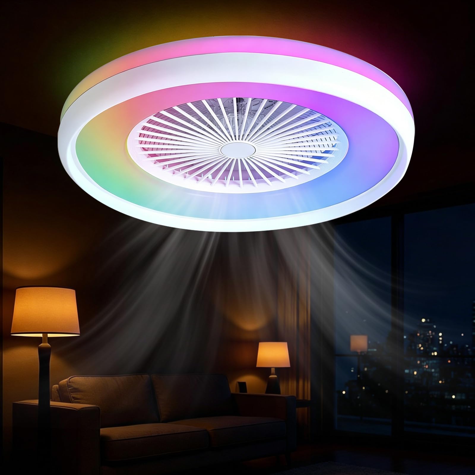 SXDMOUBK 48cm RGB Ceiling Fan with Light, Remote & App Control, 6 Speeds Quiet Ceiling Fan,Dimmable LED,Timer Reversible Motor,Fan Light Ceiling, Memory Function for Bedroom Kids Room