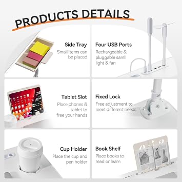 BTGGG Laptop Bed Table Height Adjustable, Upgraded Bed Desk with USB Charge Port & Side Drawer, Portable Lap Desk for Sofa with Tablet Slot & Cup Holder, Laptop Stand for Working Reading (White)