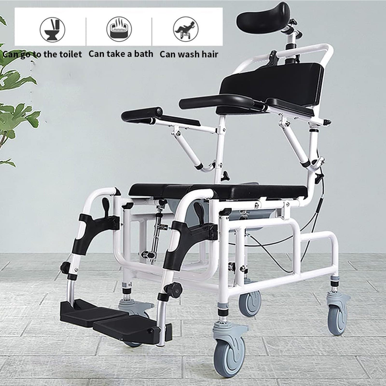 Commode Fotel prysznicowy – mobilne nachylenie w przestrzeni z wyściełanym siedziskiem, oparciem, podnoszonymi podłokietnikami, podnóżkami, wiaderkiem, regulowanym zagłówkiem, łatwy montaż i
