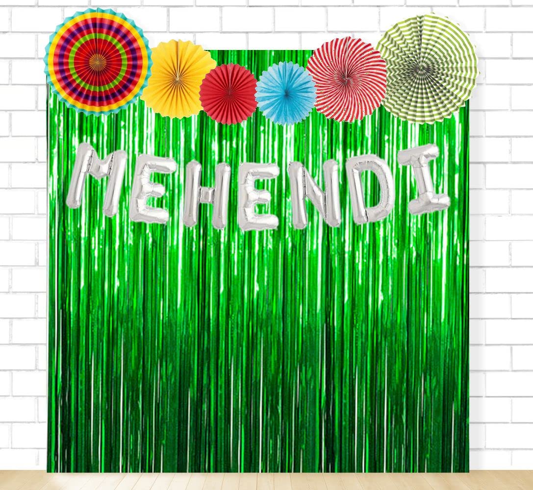 Untumble Mehendi Ceremony Decoration Kit | Mehendi Decoration Items for Home With 6x6 feet Dark Green Foil Curtain, 6 Multicolor Paperfans & "M" "E" "H" "E" "N" "D" "I" Foil Balloons | Pack of 14