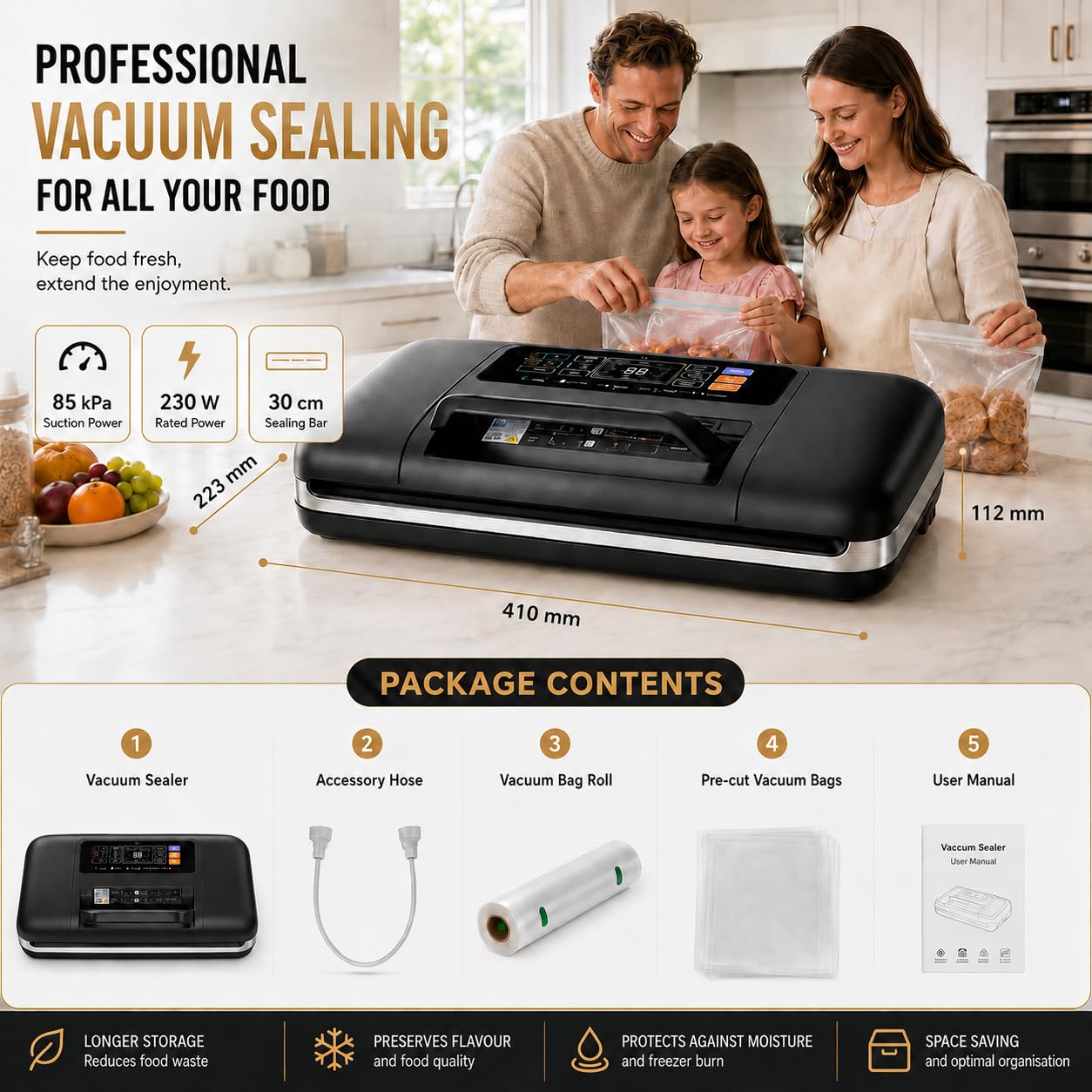 KinZon Machine Sous Vide Alimentaire Automatique, Appareil de Mise Sous Vide avec Affichage Numérique, Double Soudure, Coupeur Intégré, Modes Sec/Humide,10 Sacs Inclus