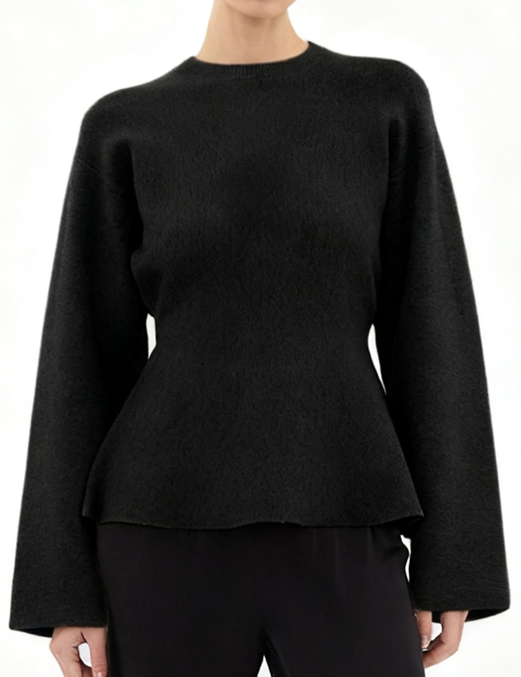 Womens Peplum Hem Sweater Long Sleeve Self Tie Belted Loose Crew Neck Knit Pullover Jumper