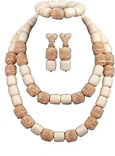 2Rows White Coral Necklace Bracelet Earrings,Chunky Multilayer Statement Choker Necklace,Nigerian Dubai Wedding African Bridal Coral Beads Jewelry Set for Women(Gold Drums)