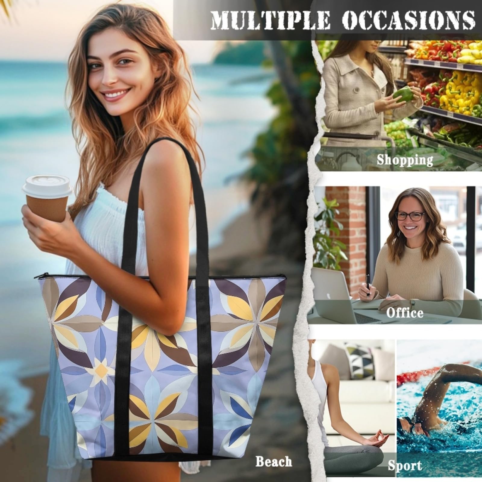 Tote Bag Tela Bolsas de Tela Poliéster Bolso de Mano de Mujer Reutilizable Bolsa Compra Plegable Tote Bag Cremallera Bolso Viaje Duradero Totebag