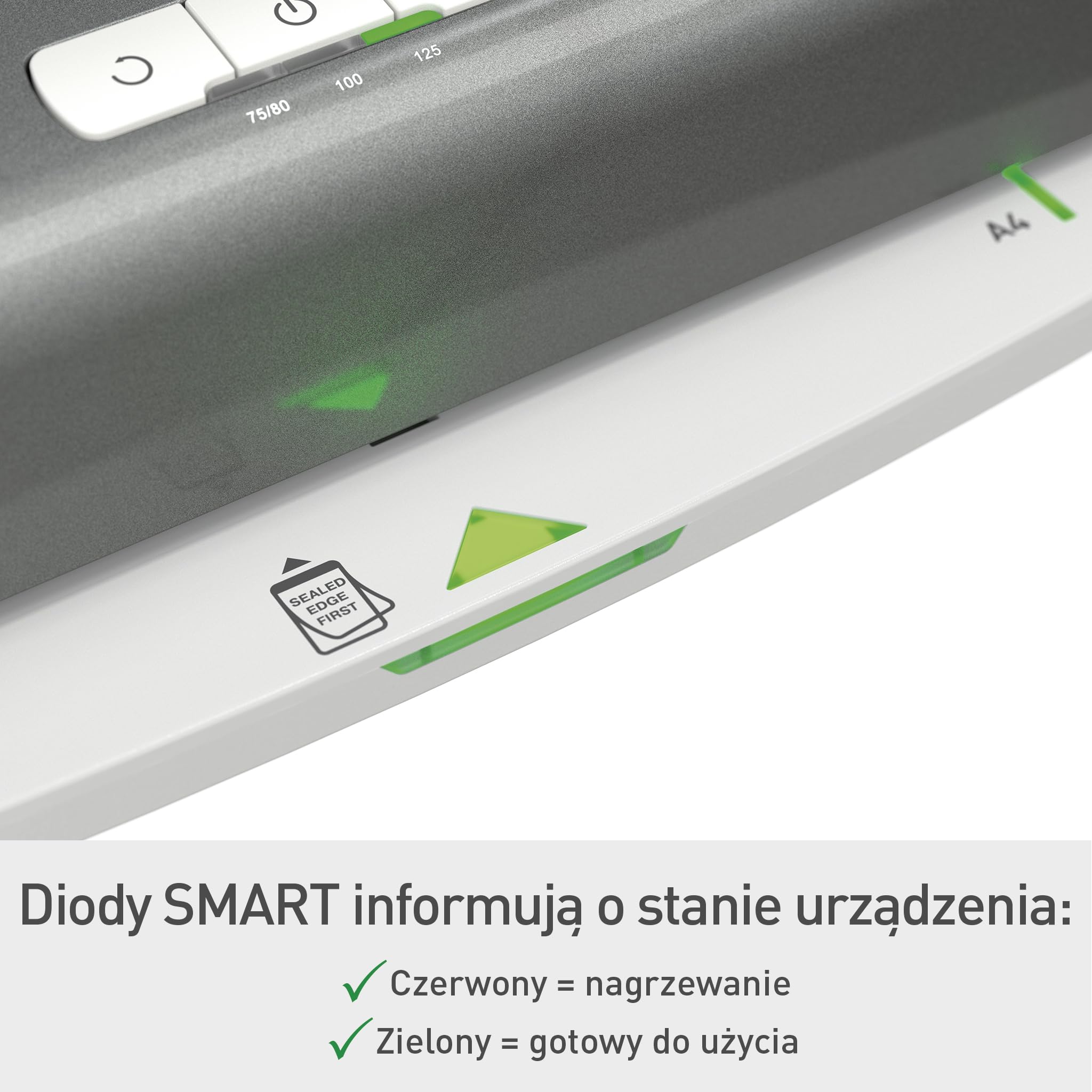Leitz iLAM Office A4 Laminator, Ekstremalnie szybkie nagrzewanie w 1 minutę, 75-125 Micron, Inteligentny status LED, Automatyczne wyłączanie, Zawiera 5 x A4 worków laminacyjnych, Szary/Biały, 72510084