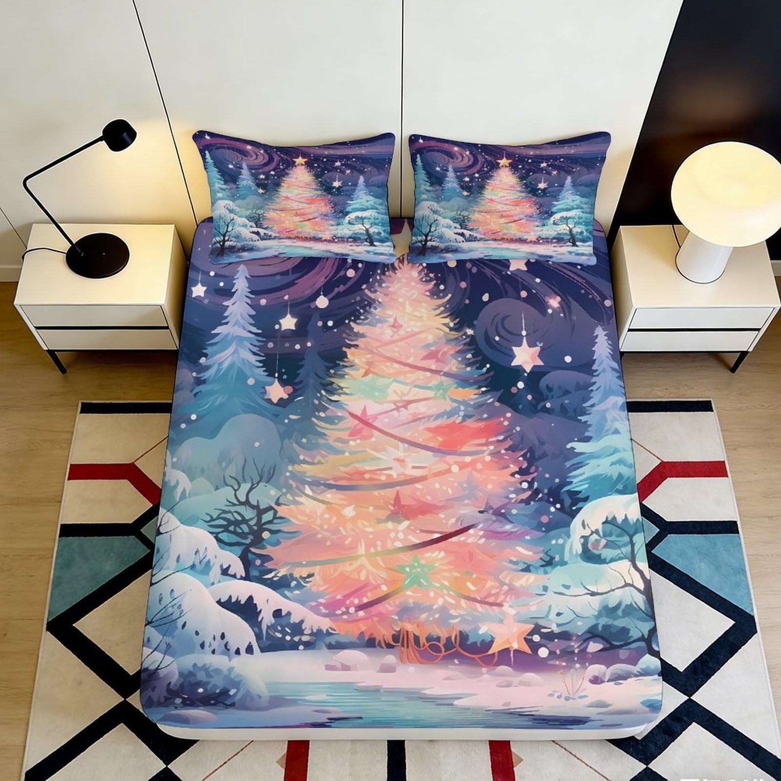 3D Printed Christmas Tree Scene Fitted Sheet Microfiber Deep Pocket Non-Slip Bedding Christmas Tree Mattress Fitted Cover for Home 140x200x25cm
