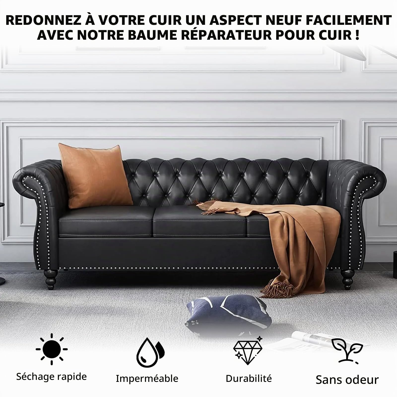 Kit Reparation Cuir Noir,Balsam pour Recoloriage Cuir,Peinture Cuir Liquide,Vinyle Teinture Cuir Réparation pour Canapés,Sièges Voiture,Chaussures,Selle,Blouson en Cuir Griffures/Taches