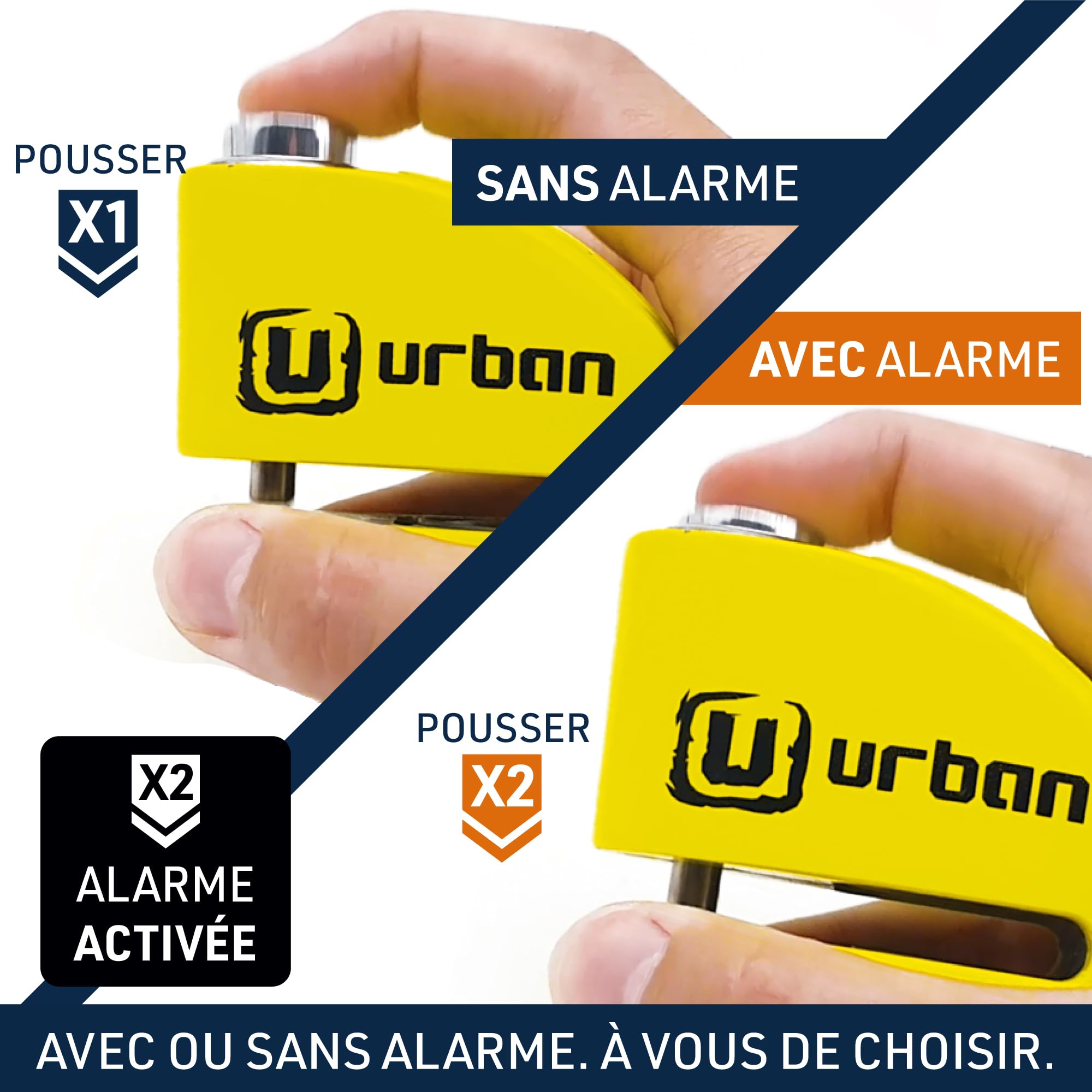 URBAN UR906Y Antivol Moto avec Alarme 120dB Hi-Tech X2 ON, Module Remplaçable Imperméable, Pile CR2, Câble Rappel, Antivol Pince Frein 6mm Universel pour Motos Scooters Vélos Électriques Trottinettes