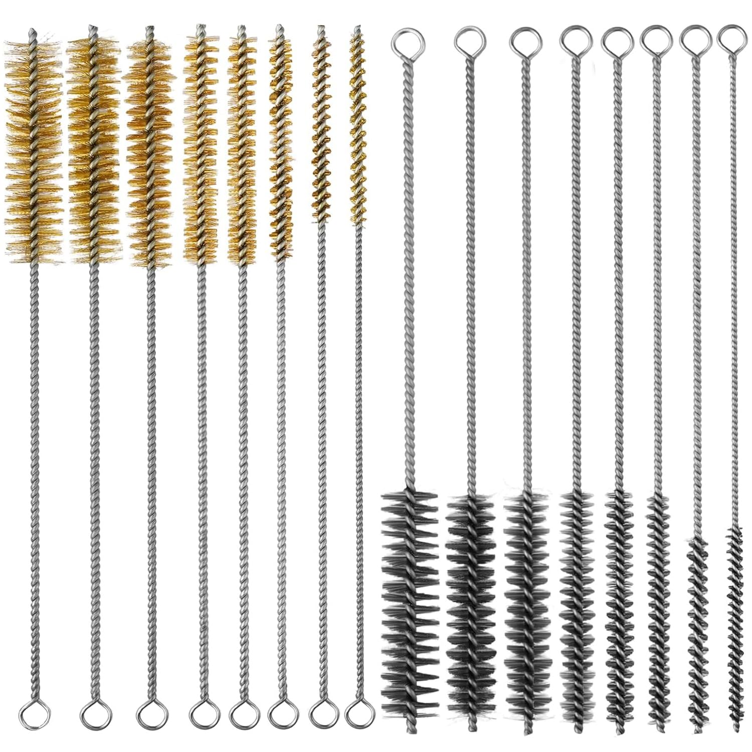 16Pcs Brass Stainless Steel Wire Brushes Tube Cleaning Bottle Brush Set | 12" long round wire bore cleaner & tube cleaning brush in 8 sizes for pipe, auto/engine parts, bottles & deep cleaning