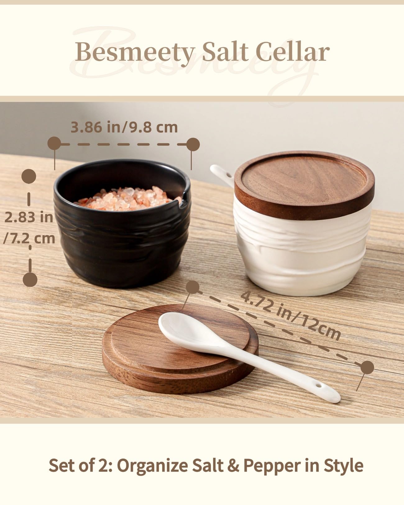 Besmeety Gewürzdosen Keramik 3er Set mit Löffel und Deckel, Gewürzgläser Porzellan Set, Salzdose mit Acacia Holz Deckel, Zuckerdose Keramik, Gewürzbehälter, 250ML (Schwarz, Weiß)
