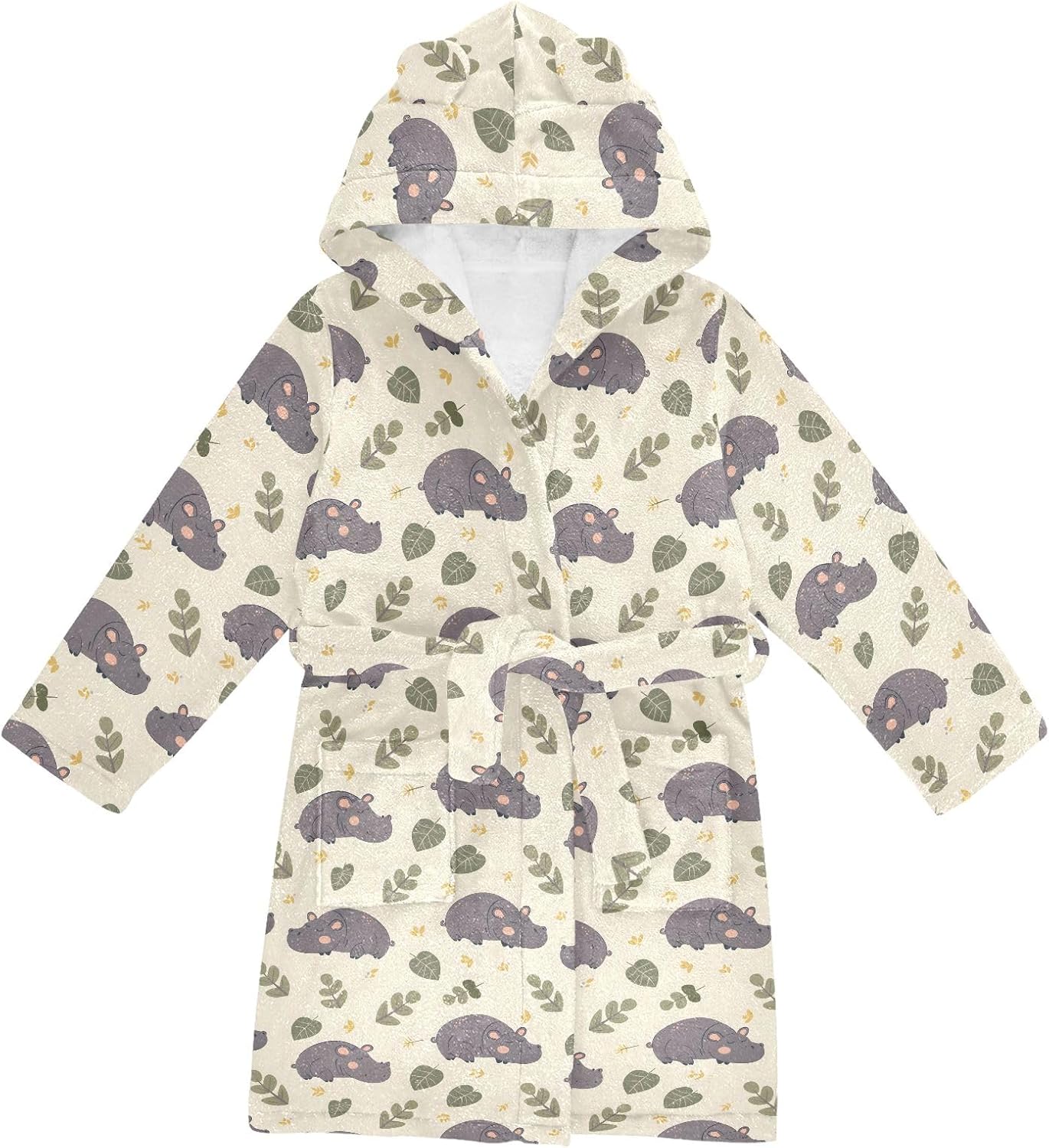 Cute Sleepy Hippo Toddler Hooded Bathrobe for Boys Girls Soft Plush Bath Towel Robe 2-12 Years