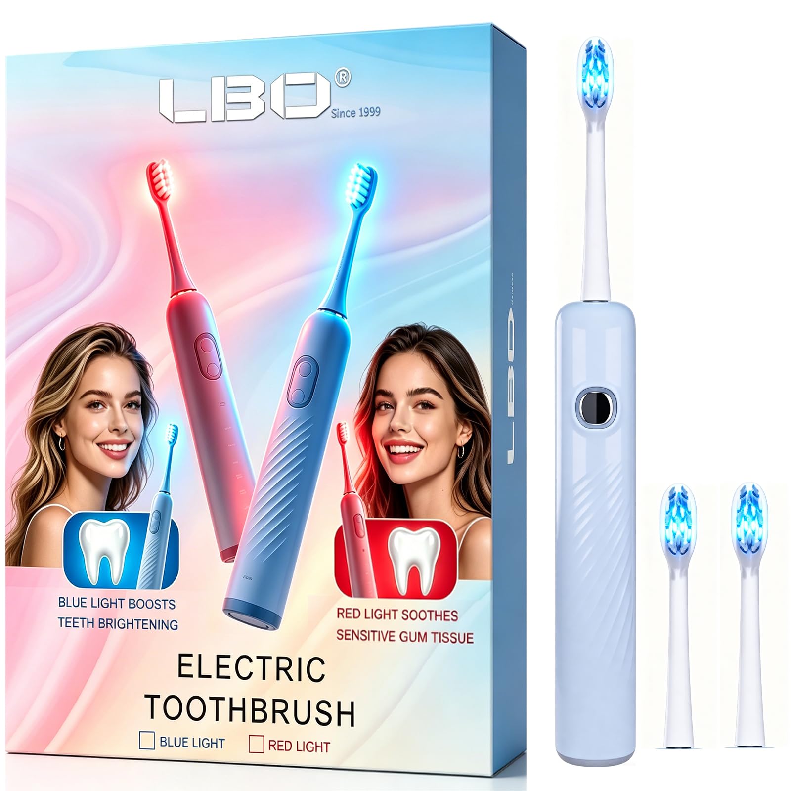 LBO Blue Light - Cepillo de dientes eléctrico para adultos, 2 cabezales de cepillo, tecnología profesional de blanqueamiento de 460 nm, limpieza sónica y oscilante de 31,000 VPM con sensor inteligente