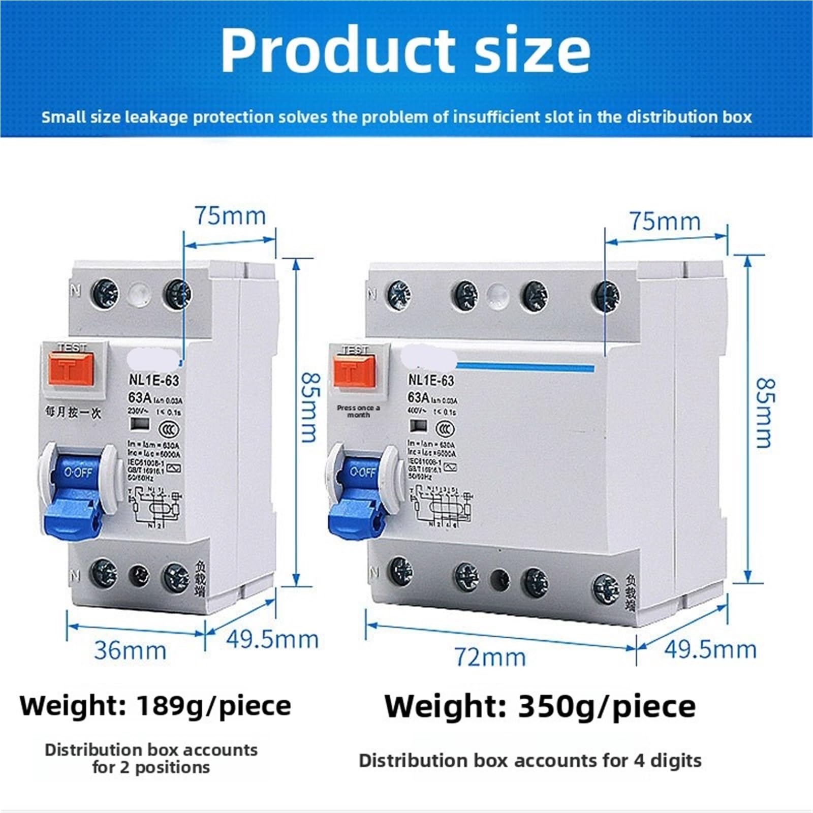 Elektroniczny wyłącznik różnicowoprądowy NL1E-63 30MA 1P+N 2P 4P 25A 40A 63A (4P, 40A) 1 szt