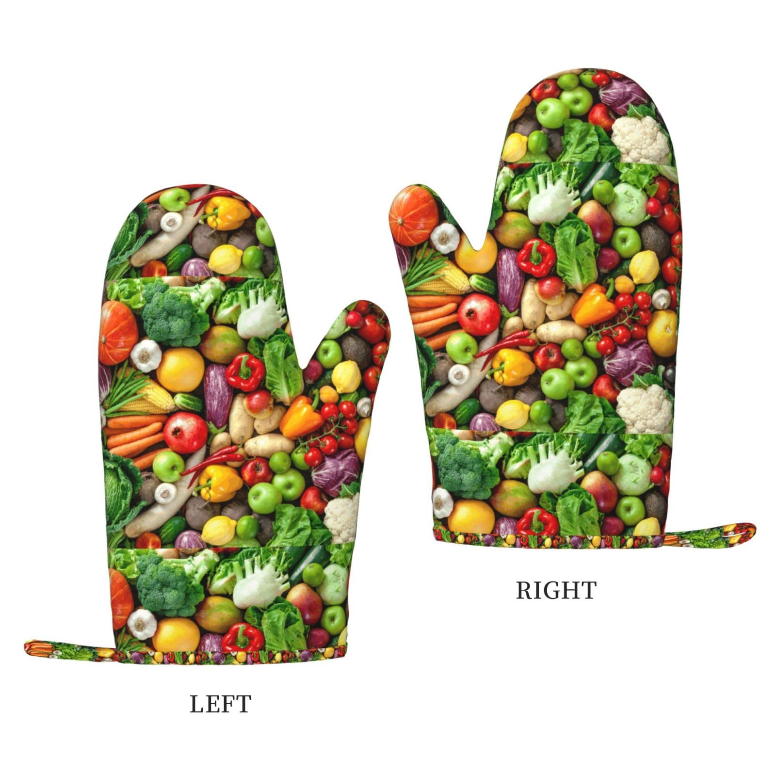 Set di quattro guanti resistenti al calore e presine, guanti da cucina antiscivolo, guanti da forno, con stampa di frutta e verdura fresca.