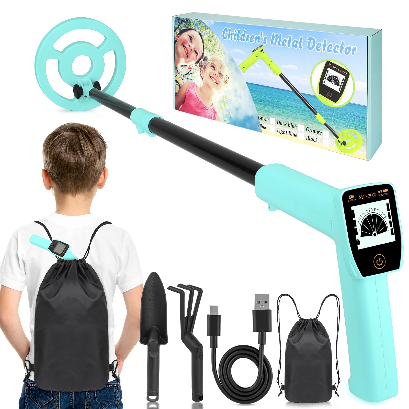 Metal Detector Kids - iTayga 2026 Rechargeable Kid Metal Detectors with 1800mAh Battery, Adjustable Height 24"-35", High Accuracy Coil Waterproof Gold Detector with LCD Display for Outdoor, Light Blue
