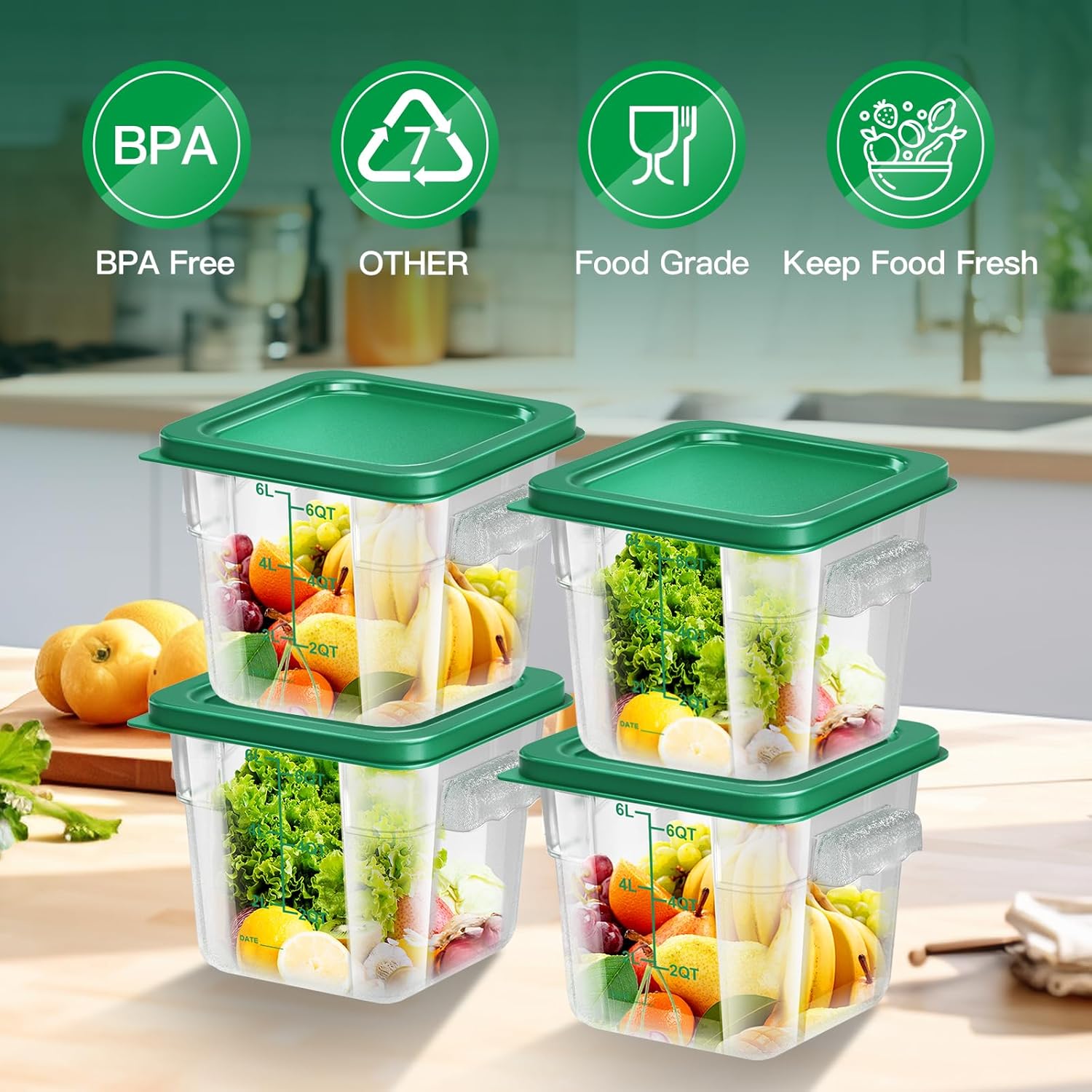 4 pcs 6qt food storage containers with lid, square clear commercial storage containers with handle and scale for food storage in home kitchen & dining (green) a3-6qt-4pcs-green