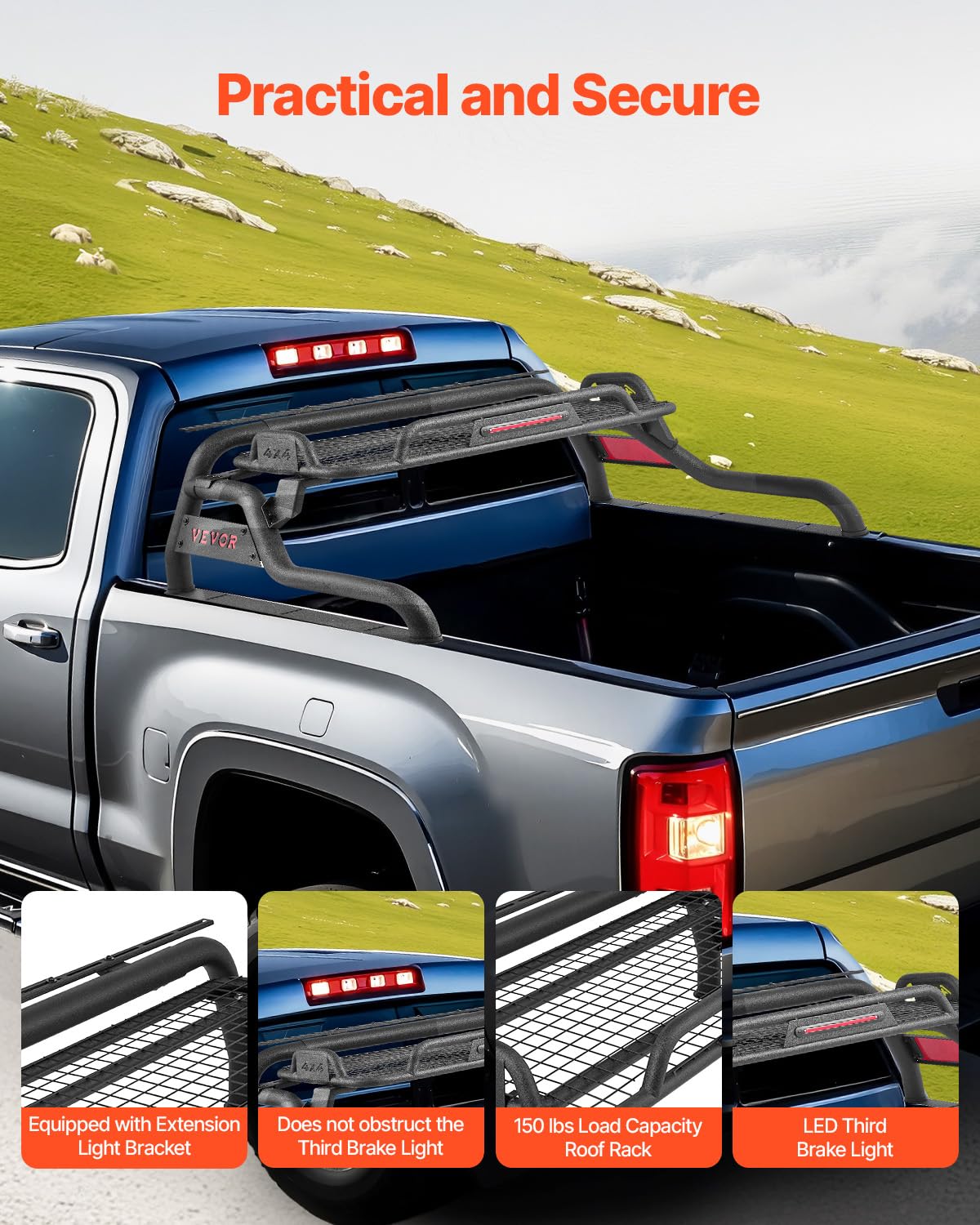 VEVOR Überrollbügel aus Karbonstahl für die Ladefläche, universeller einstellbarer (1524-1651 mm) Pickup Sport-Überrollbügel mit LED-Bremslicht für Lkws in voller Größe (mit Träger)