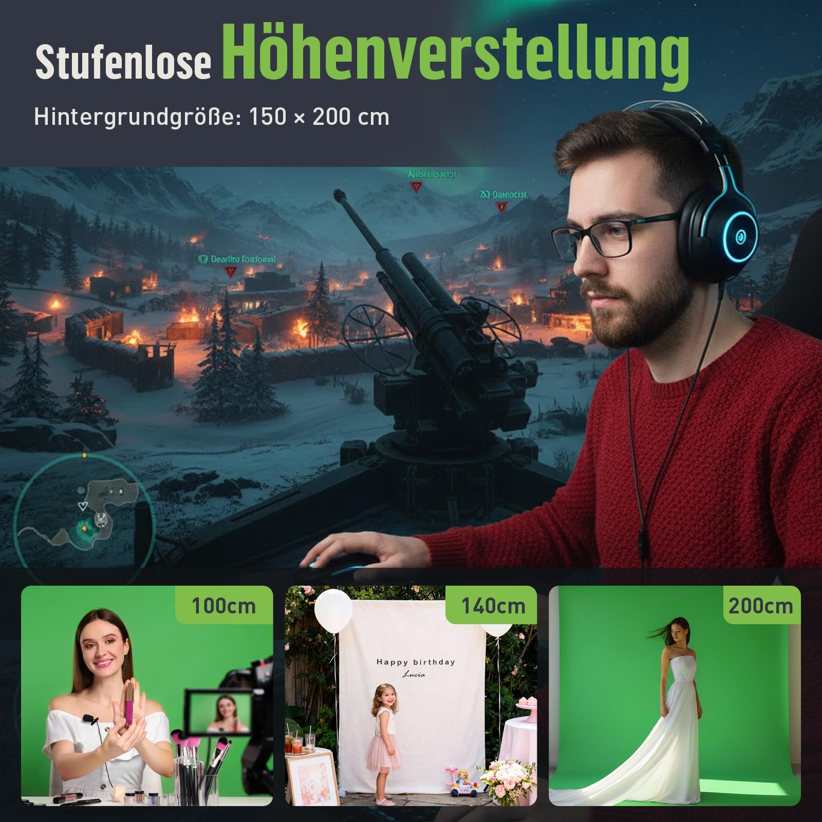 Greenscreen Hintergrund mit Ständer – 1,5 x 2 m Fotohintergrund Stoff mit Hintergrundständer für Fotografie, Fotostudio, Streaming, Chroma Key, Fotowand Ständer, Backdrop Photography Kit