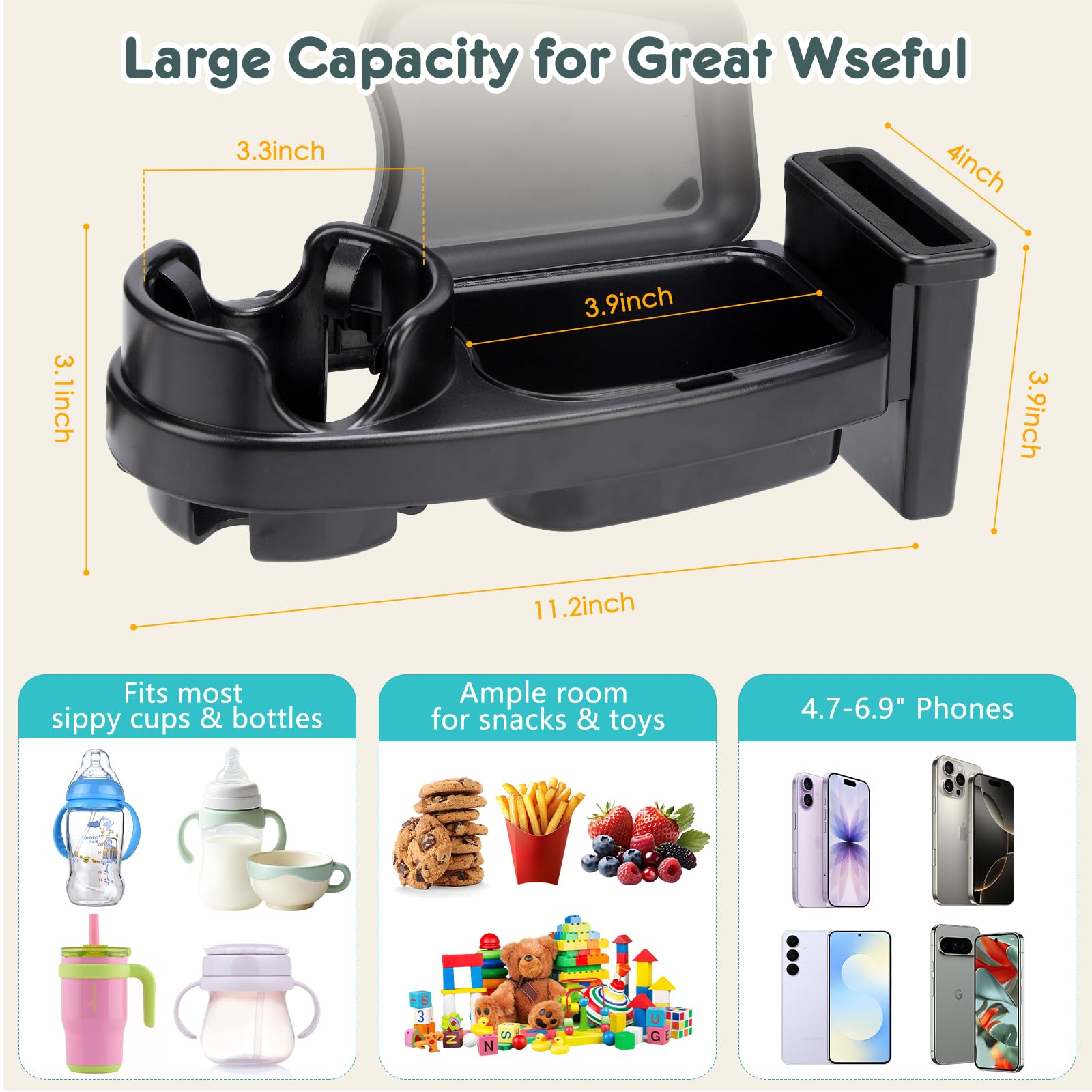 Plateau à goûter pour poussette compatible avec Joie, plateau à goûter 3 en 1 avec couvercle et porte-gobelet pour poussette, design antidérapant amovible, accessoires de poussette en ABS
