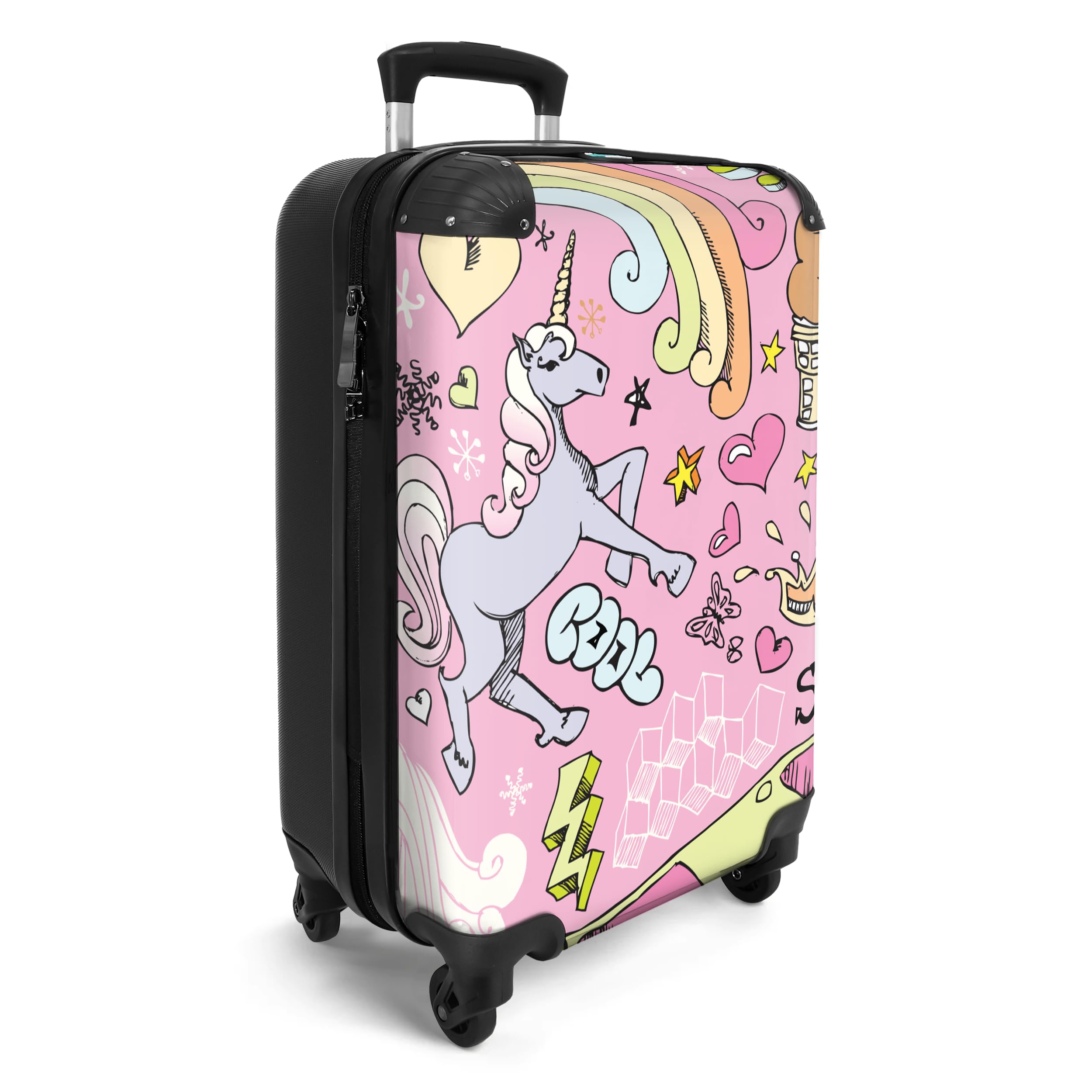NoBoringSuitcases.com Bagage Enfant, Valise Cabine Fille, Valise Roulette Rose, Dessin de Licorne - 55x35x25cm