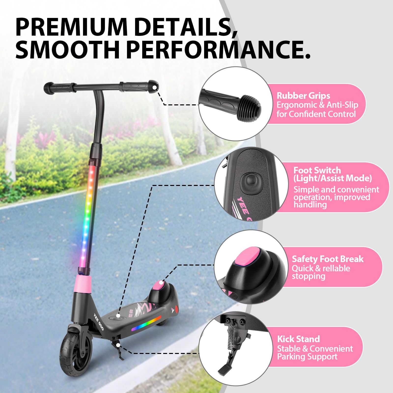 Trottinette Electrique Enfant - pour Enfants 5-12 | Max 8 km/h - Réglable en Hauteur | Commande à pédale | Lumières LED Colorées | Frein à Pied | Légère.