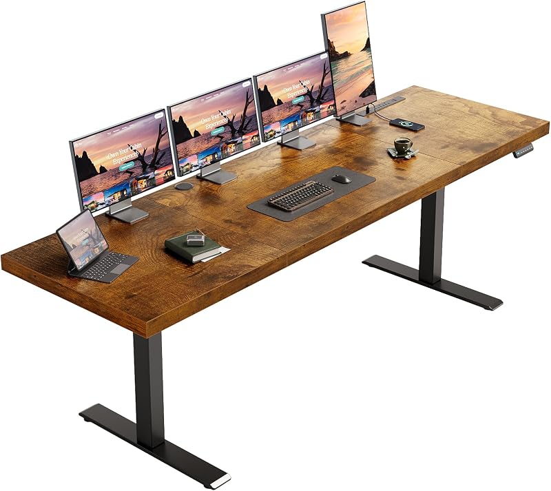79" Executive Electric Standing Desk Height Adjustable, Rustic Brown | 1.38" Thick 3-Panel Desktop, Power Outlets, 3 Memory Presets, Dual-Beam Frame for Home Office, Workstation, Conference Room