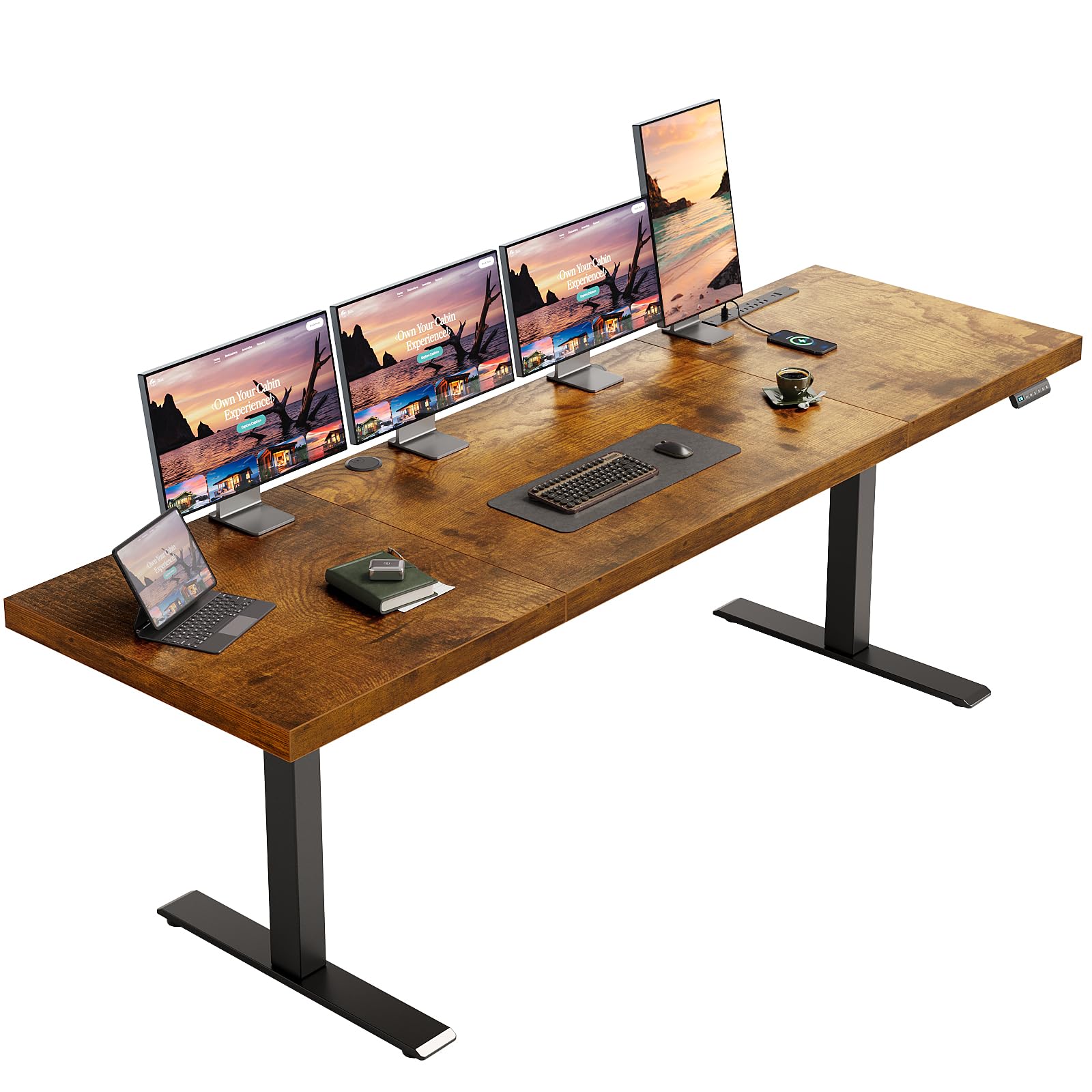 OffiGo Electric Standing Desk with 3-Piece Board, 79 Inch Height Adjustable Large Desk with Power Outlets, Sit Stand Table, Writing Computer Desk for Home, Office, Workstation, Rustic Brown