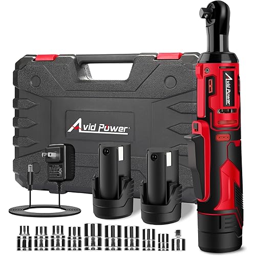 AVID POWER Cordless Electric Ratchet Wrench 3/8", 44.2 Ft-lbs 12V Power Ratchet Wrench Kit w/Two 2.0Ah Batteries, 1-Hour Fast Charger, Variable Speed and 10 Sockets