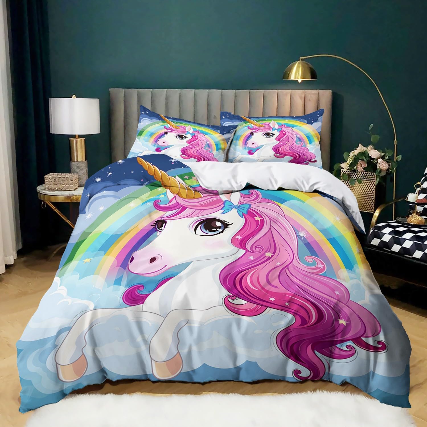 Ensemble de literie en microfibre douce 180x200 avec housse de couette licorne dessin animé