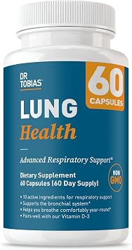 دكتور. Tobias Lung Health - مكمل دعم الرئة بفيتامين C والزبدة والكيرسيتين والبروميلين | تركيبة تنظيف الرئة والتخلص من السموم للجهاز القصبي والجهاز التنفسي غير المعدلة وراثيًا 60 كبسولة، 60 حصة