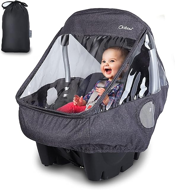 Orzbow Universal Baby Car Seat Rain Cover,Infant Car Seat Weather Shield with Bag,Handle Opening,Quick-Access Zipper and Side Ventilation,Necessary Protection for Babies or Pets in Crowded (Black)
