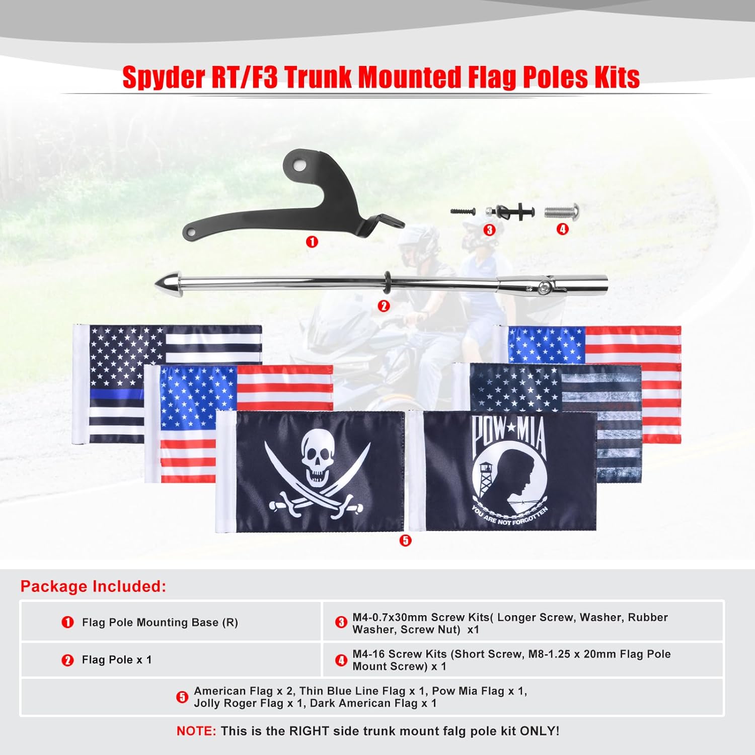 Goldfire Spyder Flag Pole Mount Accessories,F3/RT Trunk Mounted Folding Flag Pole Kit with Mutiple Flags Fits for Can AM Spyder RT 2020+, F3 LTD 2017+ (Right Side)