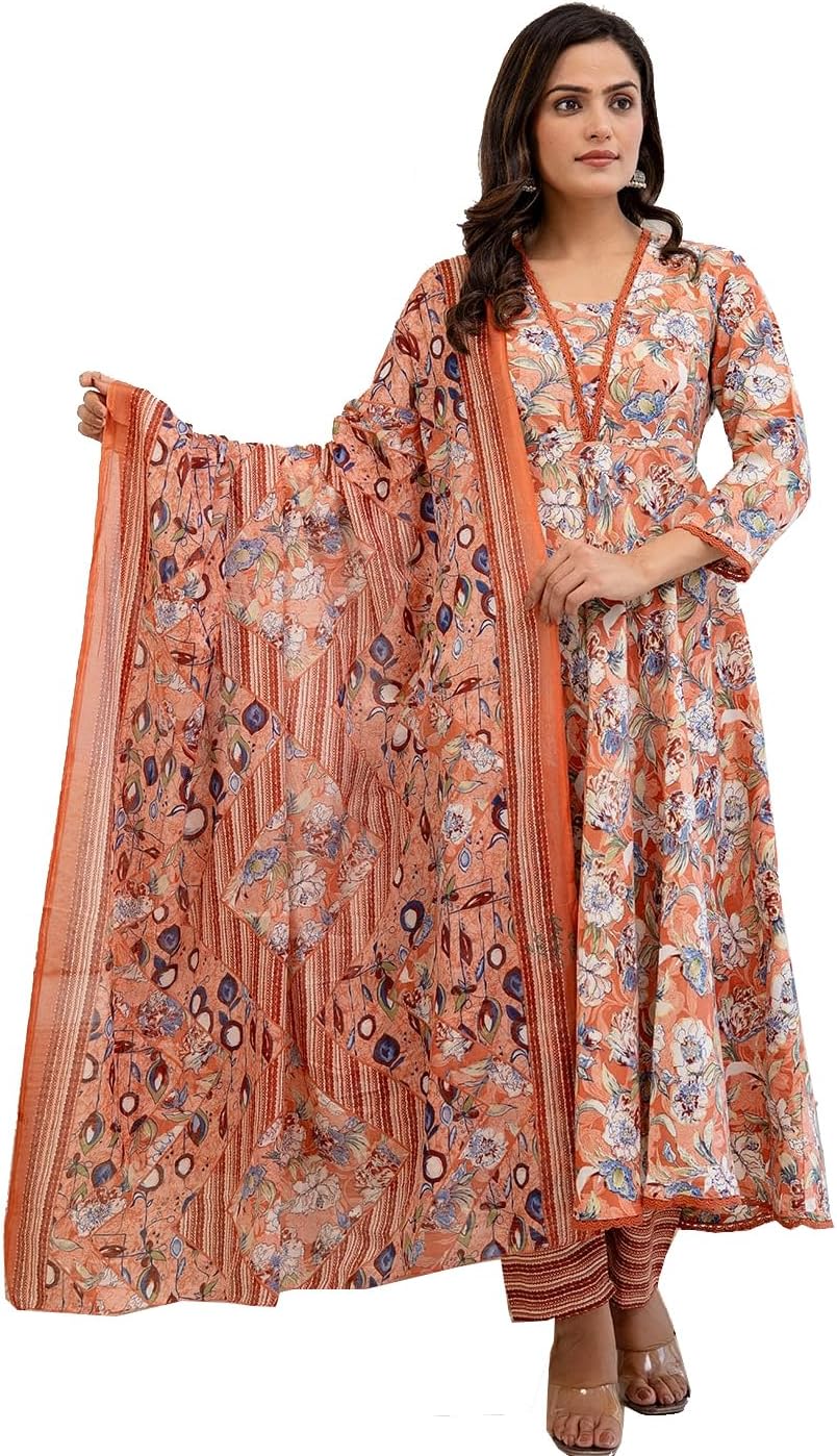 Women's Printed Cotton Anarkali Kurta & Pant With Dupatta Set