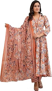 Women's Printed Cotton Anarkali Kurta & Pant With Dupatta Set (Peach)