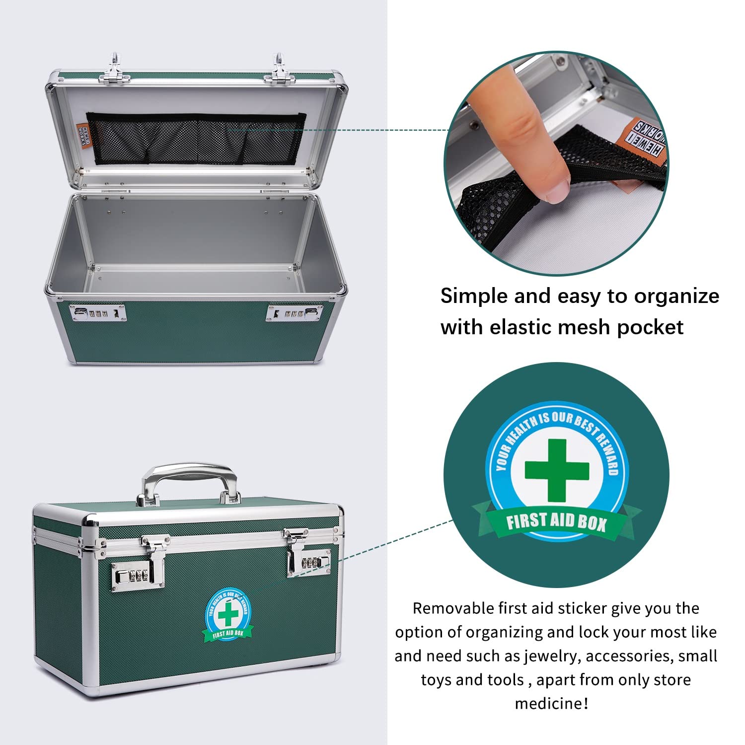 Caja medicinal segura para niños, 36,1 x 18,3 x 20,8 cm, caja para medicamentos con cerradura combinada, caja medicamentos, caja medicinal, en pequeña pastillero (verde/grande)