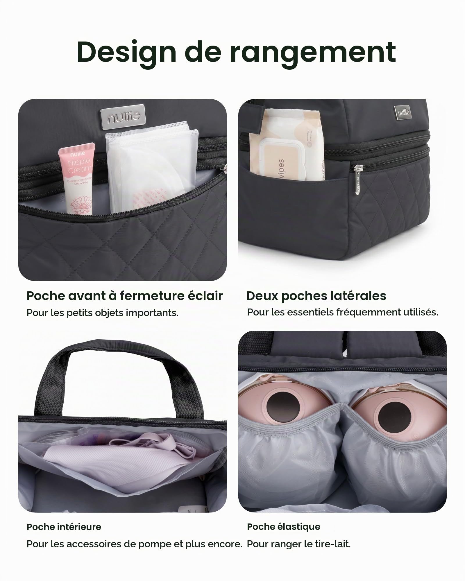 Sac à main portable pour tire-lait avec compartiment isotherme, sac de pompage à double couche avec pack de glace, sac isotherme de transport pour lait maternel avec tapis imperméable, convient pour 6