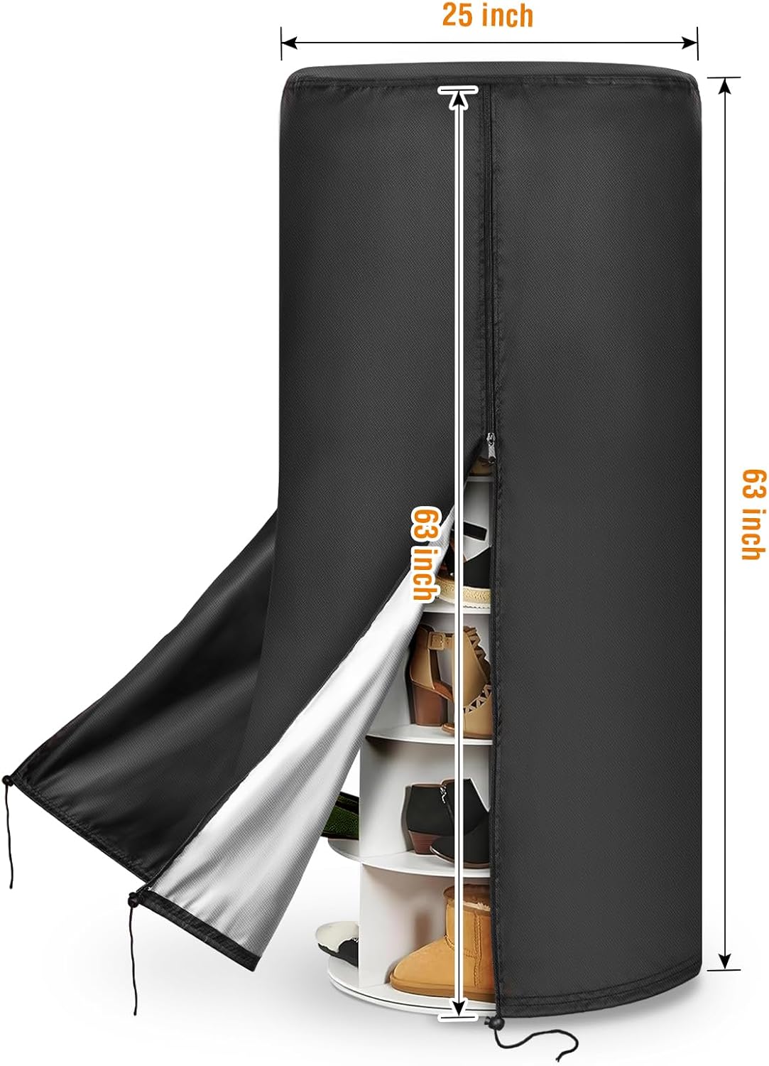 Rotating Shoe Rack Tower Cover,Waterproof Dust Cover for walk in closet organizers and storage,Heavy Duty Spinning Storage Tower Cover, 25" Dia x 63" H(Cover Only)