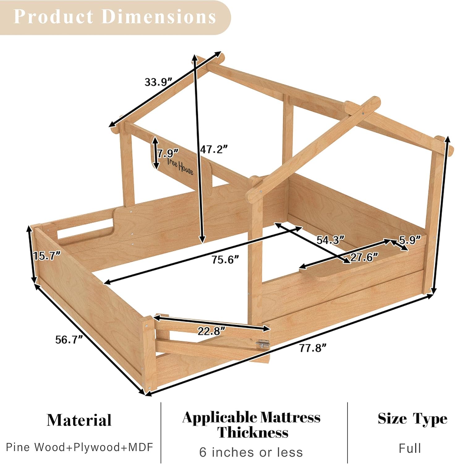 Bellemave Full Size Floor House Bed with Door and Guardrails, Kids House Beds with Tray and Free-Installed Signboard, Full Platform Bed Frame for Girls Boys, Natural