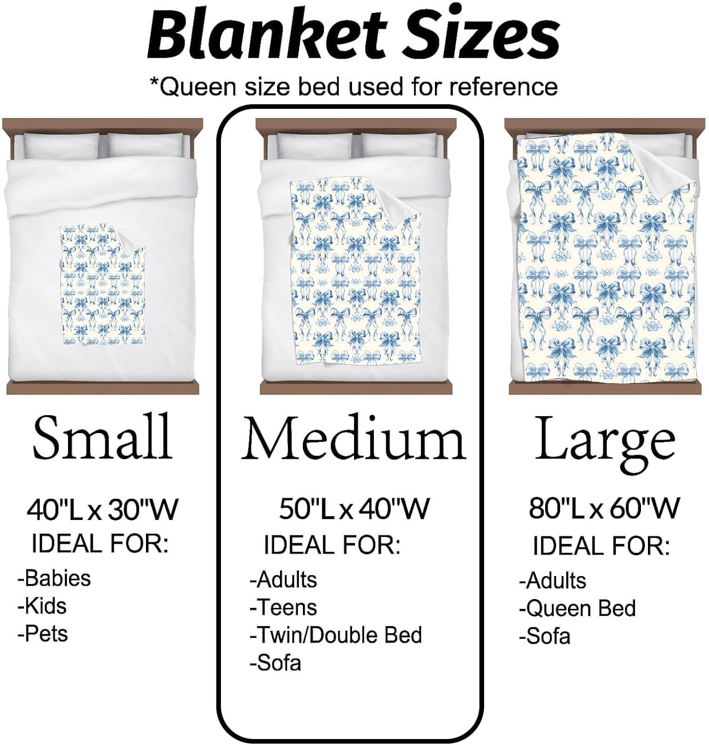 Blue Bow Blanket Elegant Vintage Ribbon Pattern on Cream Background Throw Blankets Lightweight Flannel Throws for Camping Couch Chair Office Bed Home Decor Gifts for Women,80x60inch