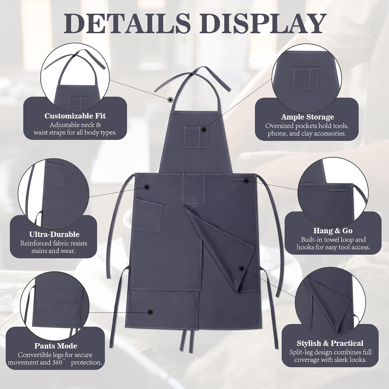 Jeyiour Split Leg Pottery Apron, 2 Layer DIY Ceramic Apron with Convertible Pants, Large Pockets Towel Loop Smock for Unisex(Grey)