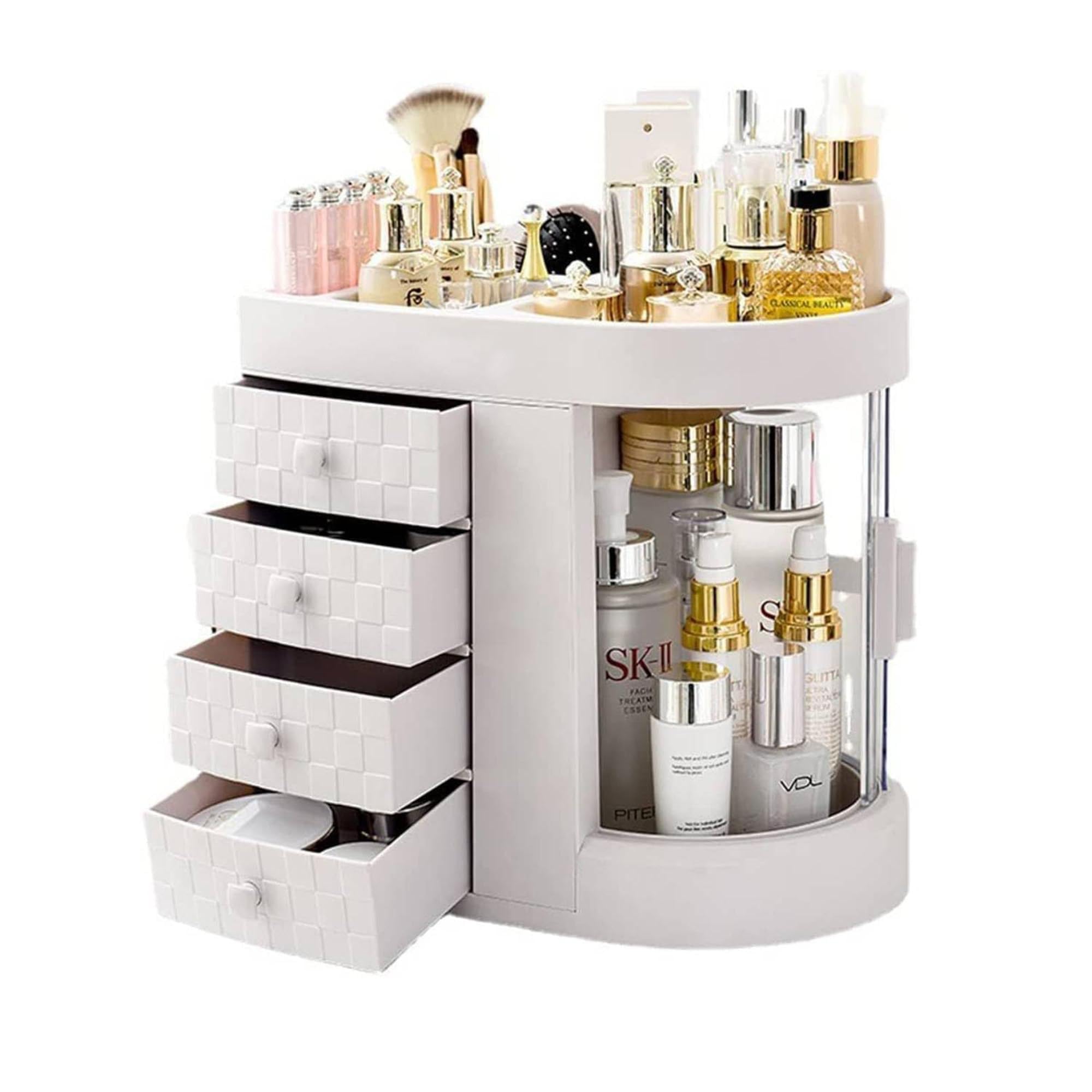 SIBYAcrylic 4 Layer Makeup Organizer Cosmetics Display Storage Case | Make up Caddy Shelf Organization Boxes With Drawer | Large Capacity Space Saving Make - Up Brushes Lipsticks Holder(White)