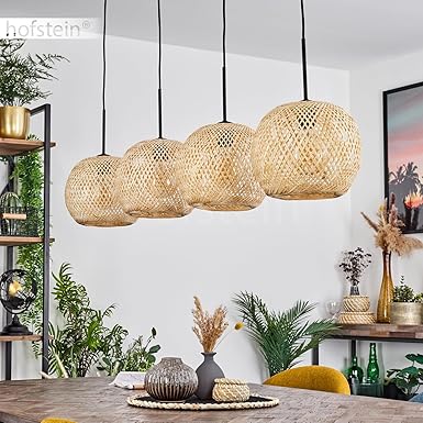hofstein HOFSTEIN Hanglamp Bauro, hanglamp van metaal/glas in zwart/bruin, lamp 4 lampen in vintage/retro design met kap van bamboe (Ø 25 cm), hoogte max. 146 cm, 4 x E27, zonder lamp photo 3