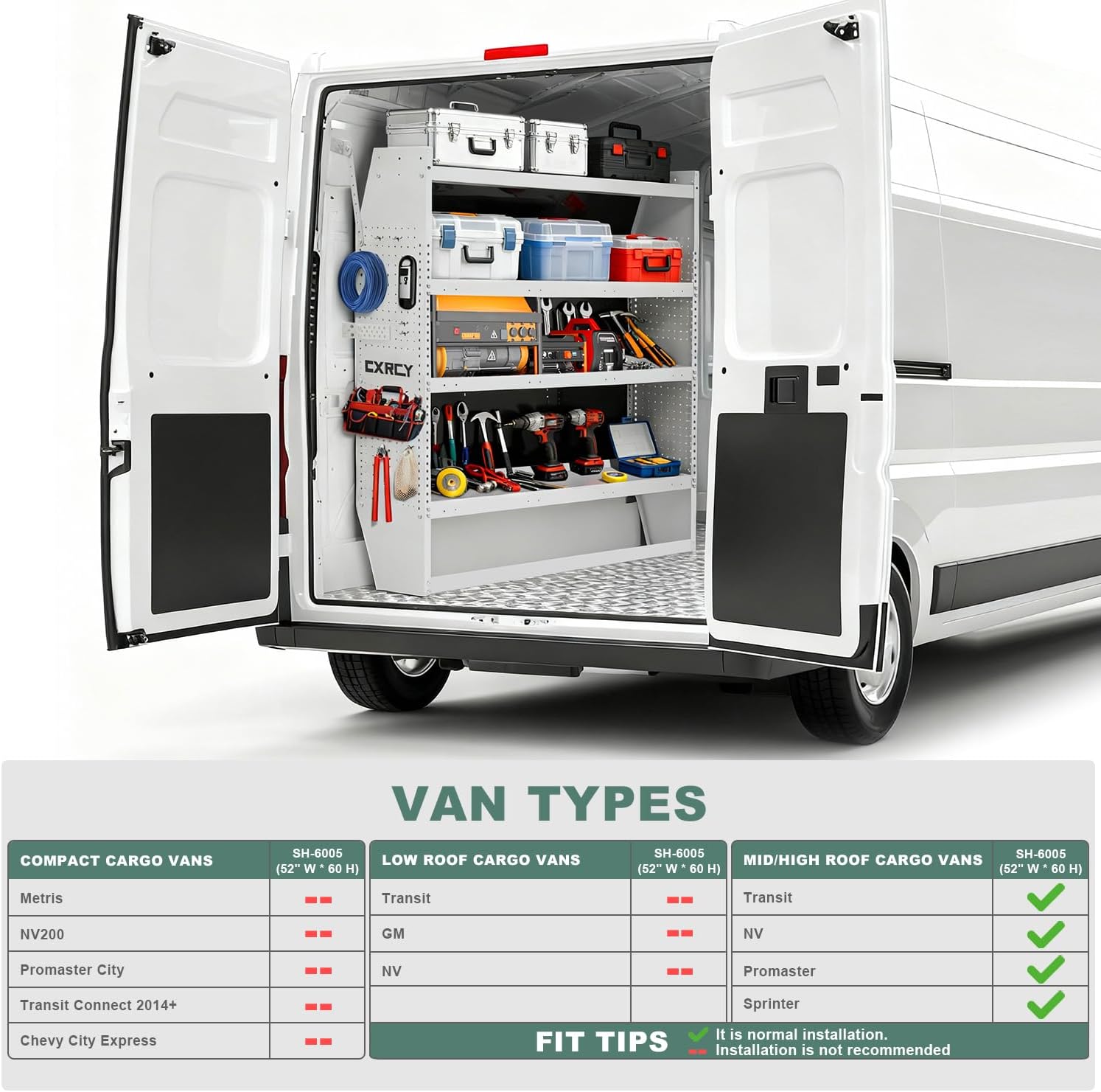 CXRCY SH-6005 Steel Mid/High Roof Van Shelving Storage System Fit for Ford Transit, Promaster, Sprinter,Ford Transit Shelving,52''W x 60''H x 13''D