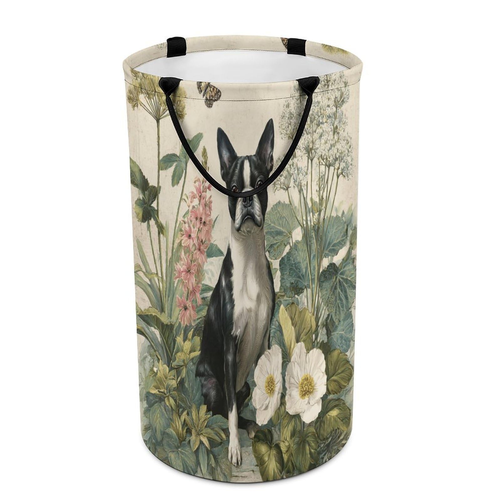 LUYYSKY Rustic Watercolor Cute Dog Versatile Storage Laundry Basket, Mid Century Classic Spring Flowers Animal Puppies Butterflies Large Capacity Bathroom Hamper With Handle